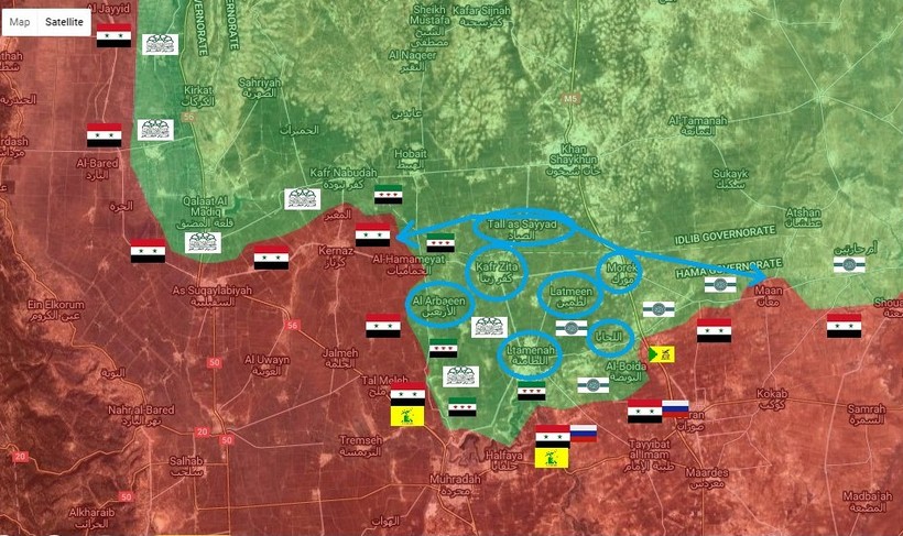 Những mục tiêu tiếp theo của quân đội Syria trên chiến trường Hama (màu xanh nhạt)