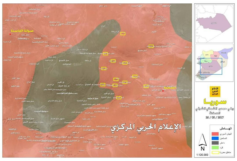 Những ô vàng là các địa danh sa mạc Syria vừa được giải phóng, còn lại vòng vây IS trên vùng bán sa mạc phía đông tỉnh Hama - ảnh truyền thông Hezbollah