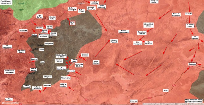 Các hướng truy quét và vây lấn tiến công IS trên chiến trường miền trung Syria và vùng nông thôn tỉnh Hama tính đến ngày 27.08.2017 - bản đồ South Front