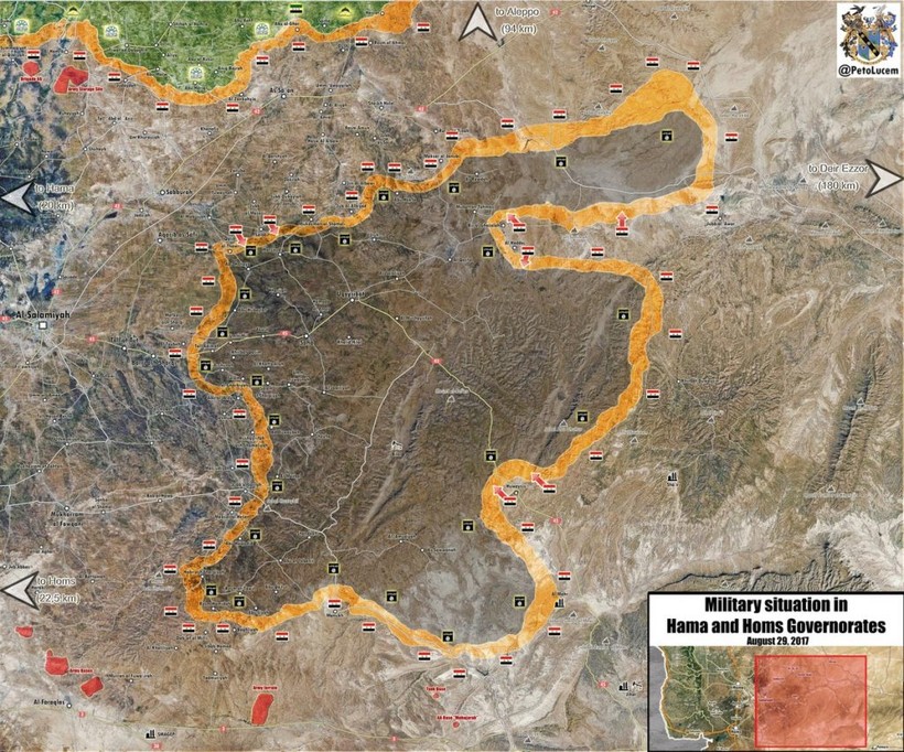 Bản đồ vùng bao vây Is trên chiến thường phía đông tỉnh Hama, quân đội Syria chiếm hàng loạt khu dân cư - ảnh Masdar News