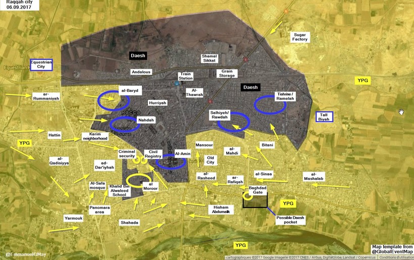 Bản đồ chiến sự Raqqa, vòng tròn xanh là khu vực đang có chiến sự - ảnh truyền thông YPG