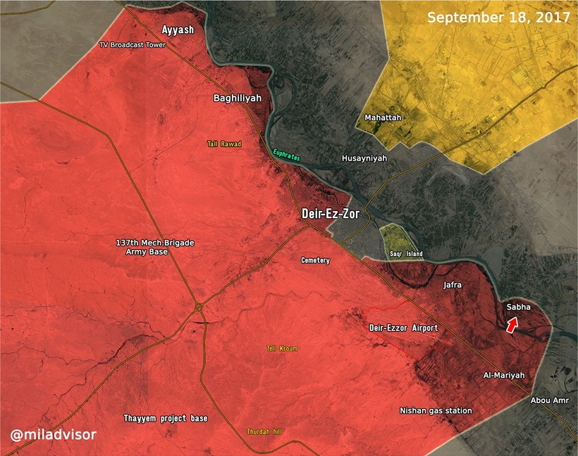 Bản đồ tình hình chiến sự Deir Ezzor, quân đội Syria vượt sông Euphrates - ảnh Masdar News