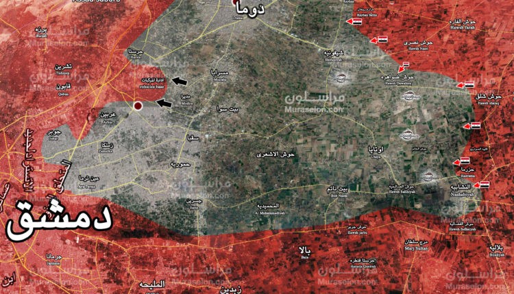 Bản đồ tình hình chiến sự vùng Đông Ghouta - ảnh Muraselon