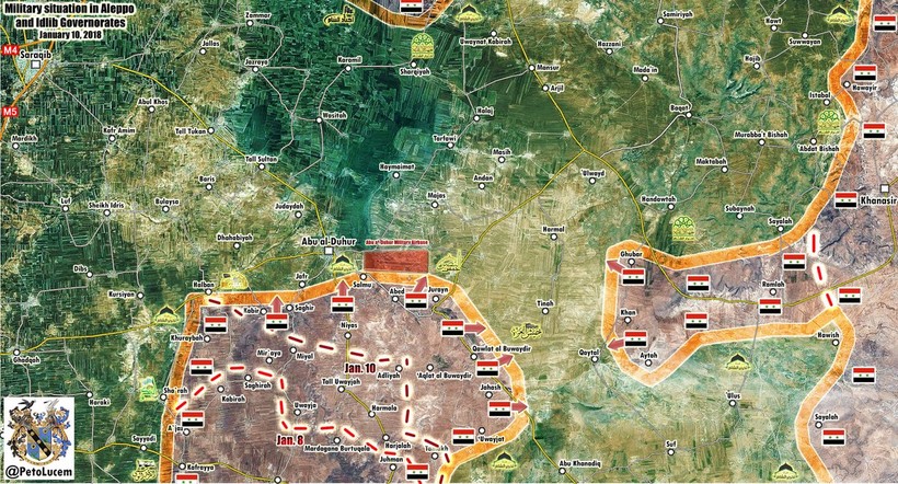 Bản đồ tình hình chiến sự khu vực sân bay Abu Al-Duhur và phía tây nam thành phố Aleppo - ảnh Muraselon