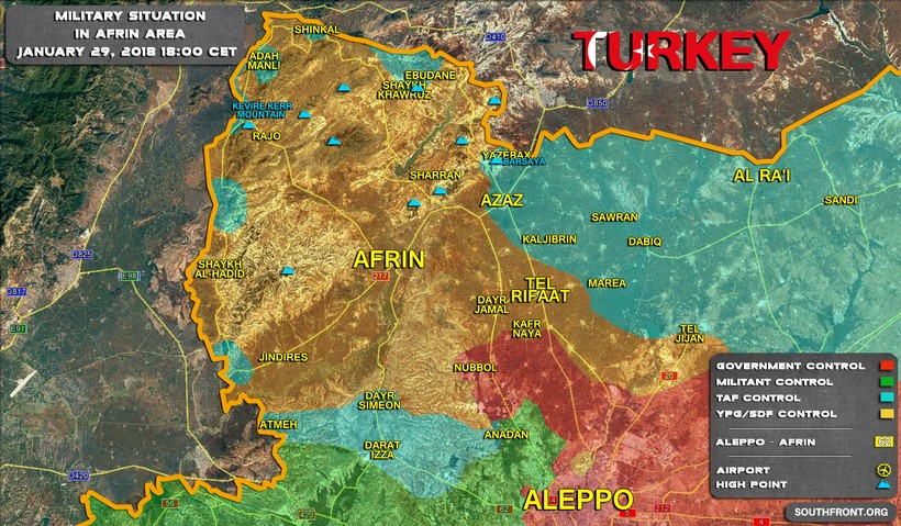 Tình hình chiến sự khu vực Afrin, vùng xanh là khu vực đã bị lực lượng Hồi giáo cực đoan FSA tấn chiếm - ảnh Soth Front