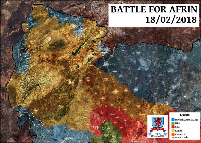 Tình hình chiến sự Afrin tính đến ngày 18.02.2018 theo truyền thông đối lập ủng hộ FSA