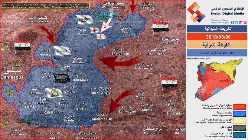 Các mũi tiến công của quân đội Syria, hướng cơ động di chuyển của đoàn xe viện trợ nhân đạo Chữ thập đỏ quốc tế - ảnh Syrian Digital Media