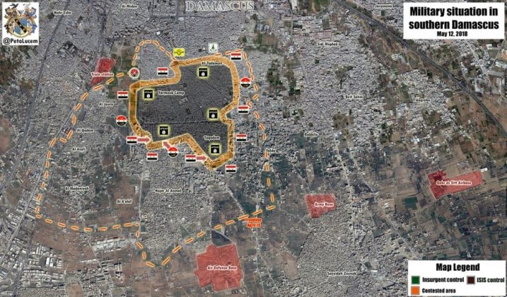 Bản đồ khu vực Nam Yarmouk tính đến ngày 12.05.2018 theo South Front