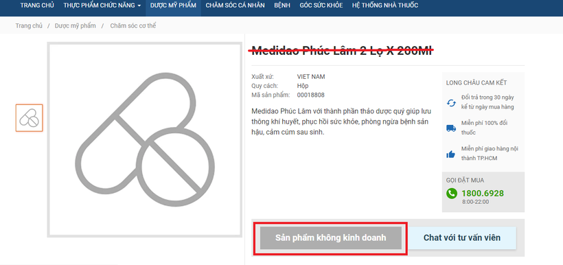 Một trang web đã ngừng kinh doanh và gỡ ảnh sản phẩm Medidao sau khi có thông báo thu hồi 