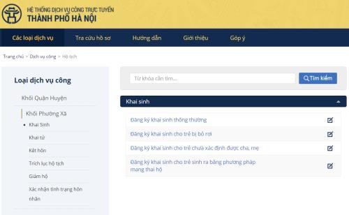 Giao diện trang web đăng ký khai sinh trực tuyến.