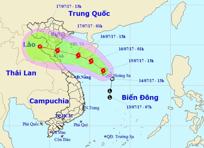 Hướng di chuyển của bão số 2. Ảnh: Trung tâm dự báo Khí tượng Thủy văn Trung ương. 