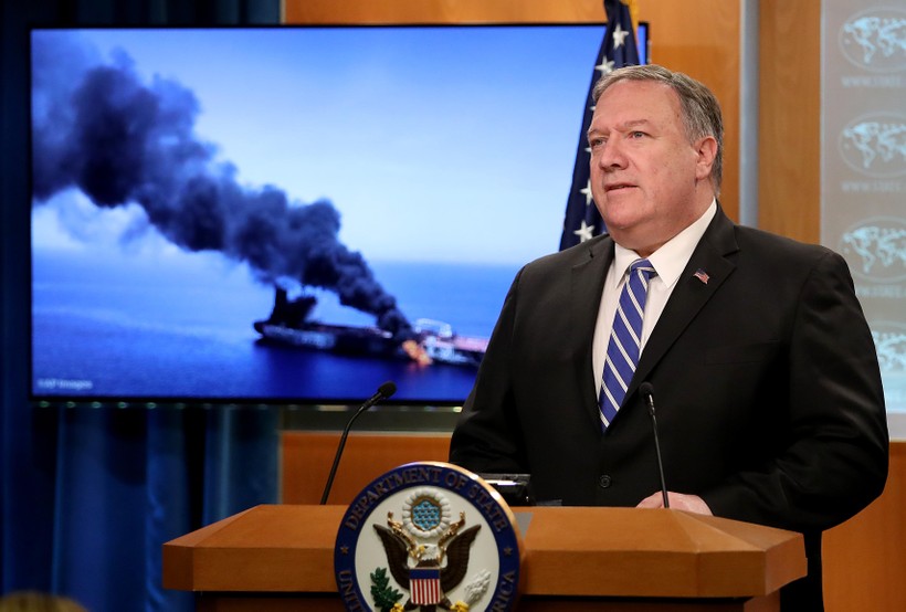 Ngoại trưởng Mỹ Mike Pompeo thông báo về vụ tấn công trên Vịnh Oman hô 13/6 (Ảnh: CNN)