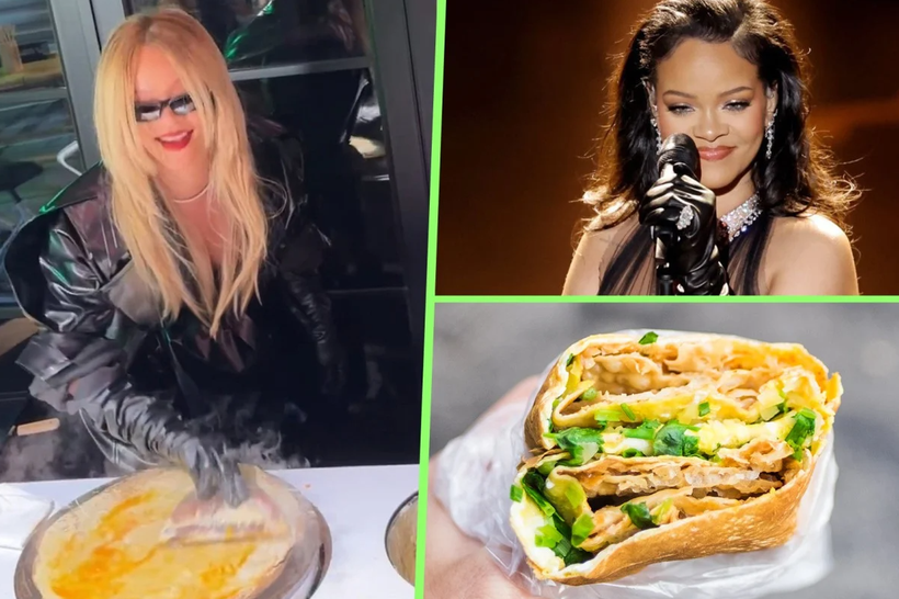 Bánh tráng jian bing, món ăn nhẹ 2.000 năm tuổi đang gây sốt trở lại sau khi được siêu sao Rihanna tự tay chế biến trong chuyến đi Thượng Hải (Ảnh: Getty)