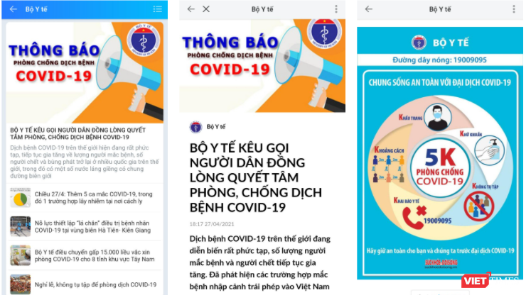 Khuyến cáo trên trang Zalo chính thức của Bộ Y tế.