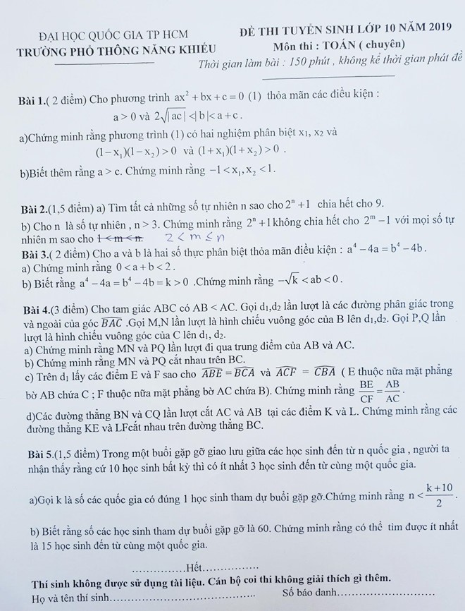 Đề thi môn toán tuyển sinh vào lớp 10 của Trường Phổ thông Năng khiếu, ĐH Quốc gia TP. Hồ Chí Minh