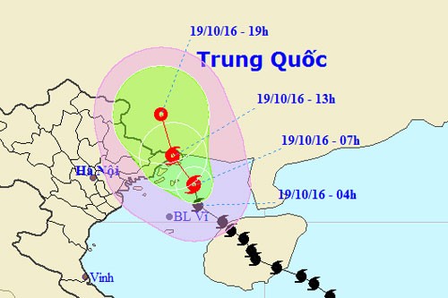 ​ Đường đi của bão theo dự báo của Trung tâm dự báo khí tượng thủy văn Trung ương. Ảnh:NCHMF.