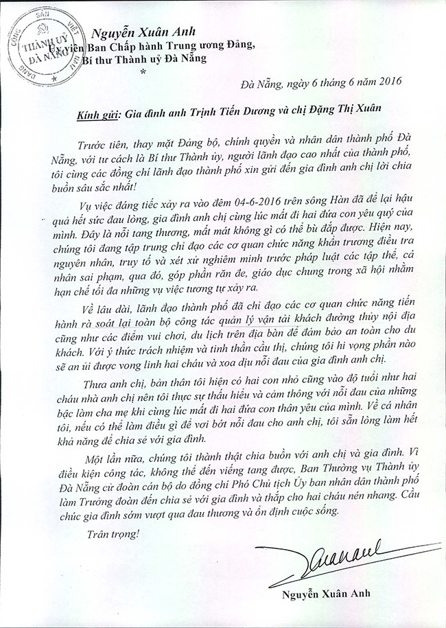 Đà Nẵng, chìm tàu, Thảo Vân 02, sông Hàn, chia buồn, Bí thư, Nguyễn Xuân Anh, VietTimes