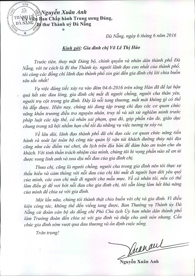 Đà Nẵng, chìm tàu, Thảo Vân 02, sông Hàn, chia buồn, Bí thư, Nguyễn Xuân Anh, VietTimes