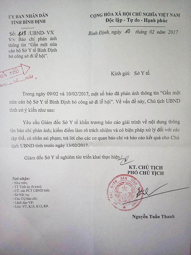 VietTimes, UBND tỉnh Bình Định, công văn hỏa tốc, cơ quan báo chí, xử lý nghiêm, Giám đốc sở Y tế, nghỉ phép đi lễ hội