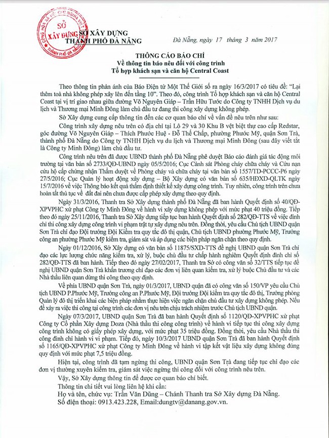 VietTimes, Sở Xây dựng, Đà Nẵng, thông cáo báo chí, Tổ hợp khách sạn và căn hộ,  Central Coast, không phép