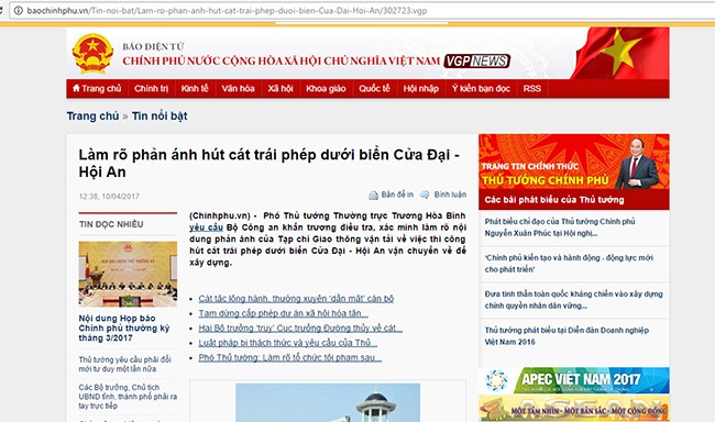 VietTimes, Chính phủ, Phó Thủ tướng, Trương Hòa Bình, Bộ Công an, khẩn trương điều tra, xác minh làm rõ, hút cát trái phép, biển Cửa Đại, Hội An, dự án Đà Nẵng