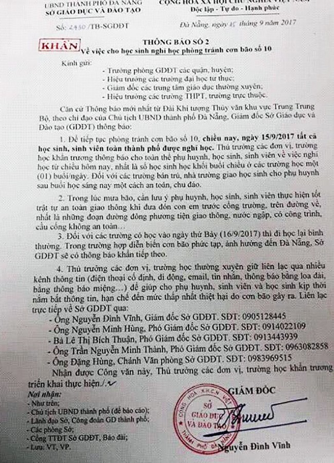 Công văn khẩn cho học sinh trên địa bàn nghỉ học do bão số 10 của Sở GD-ĐT TP Đà Nẵng