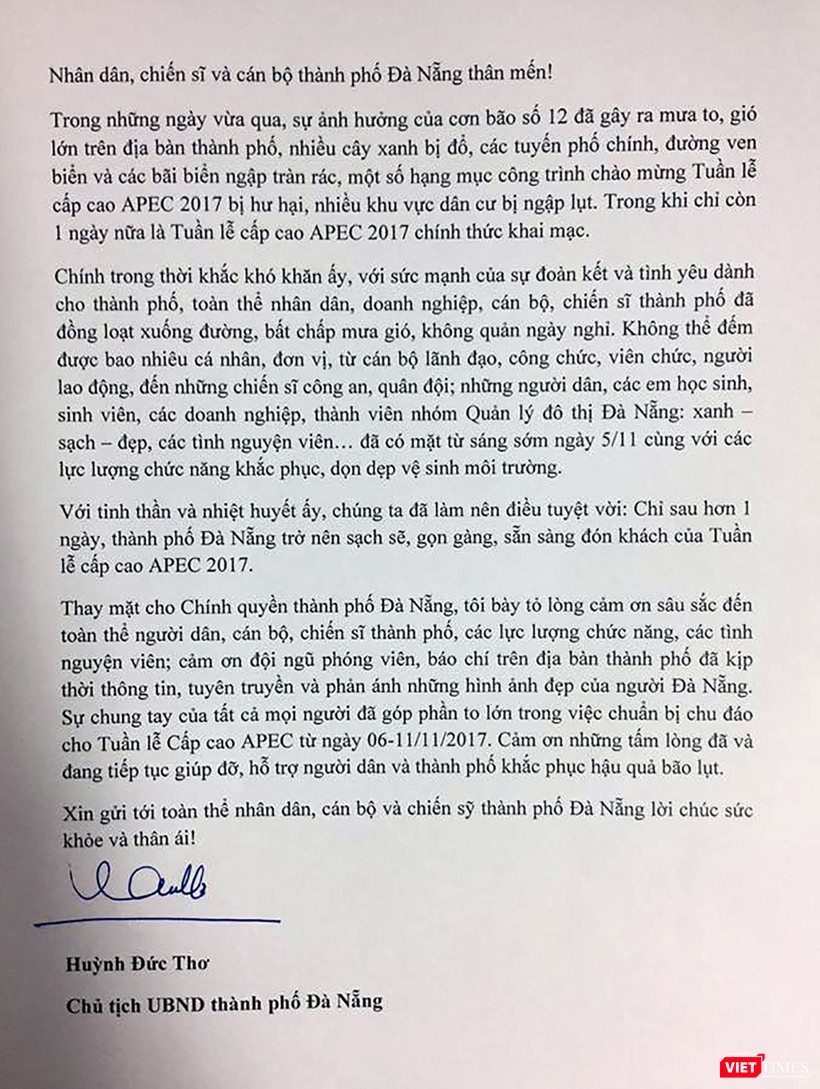 Thư cảm ơn của Chủ tịch UBND TP Đà Nẵng Huỳnh Đức Thơ