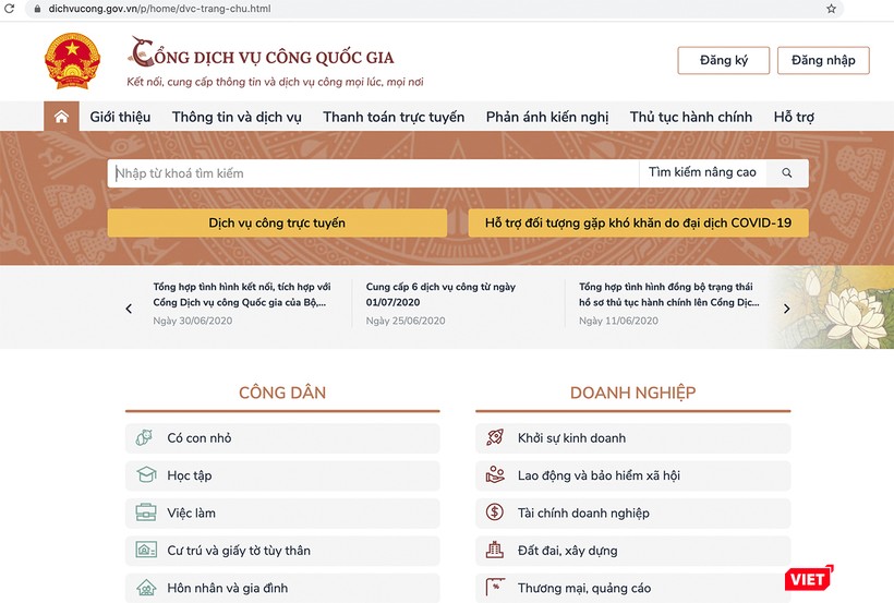 Giao diện Cổng dịch vụ công quốc gia