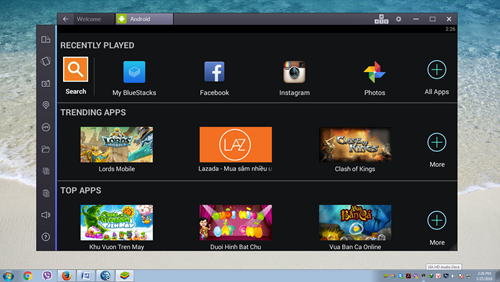 Giao diện sử dụng của BlueStacks được cài thành công trên Windows 7. Giao diện sử dụng của BlueStacks được cài thành công trên Windows 7.