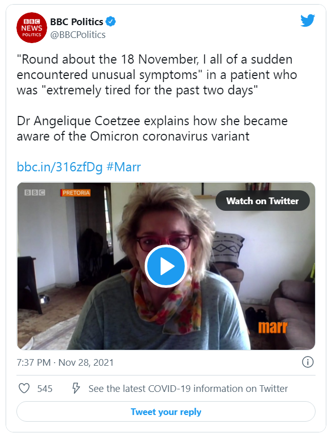 Bác sĩ Angelique Coetzee trong cuộc phỏng vấn từ xa với BBC.