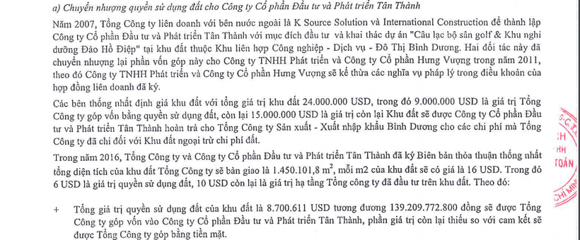 Protrade chuyển nhượng lô đất 145 ha với giá 16 USD/m2. (Nguồn: BCTC doanh nghiệp)