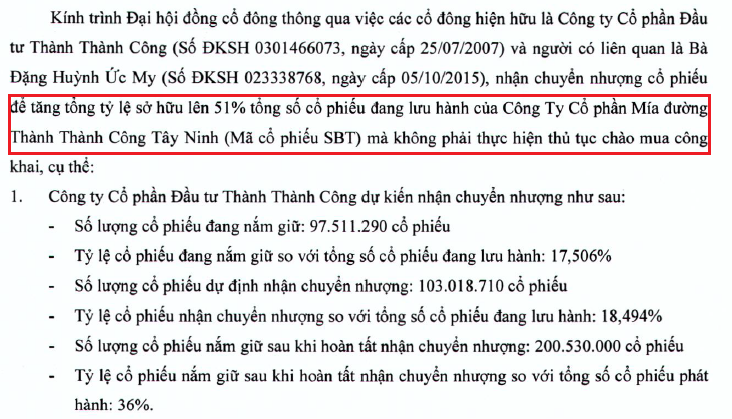 SBT: CTCP Đầu tư Thành Thành Công có thể trở thành công ty mẹ mà không cần chào mua công khai ảnh 1