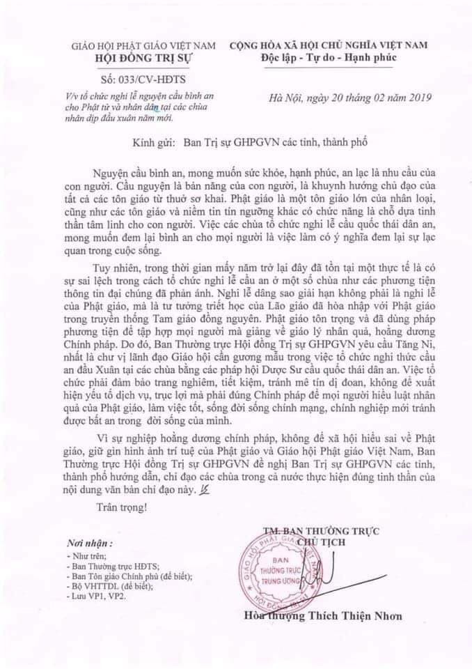 Công văn của Giáo hội Phật giáo Việt Nam do Hòa thượng Thích Thiện Nhơn ký (Nguồn: Giáo hội Phật giao Việt Nam)