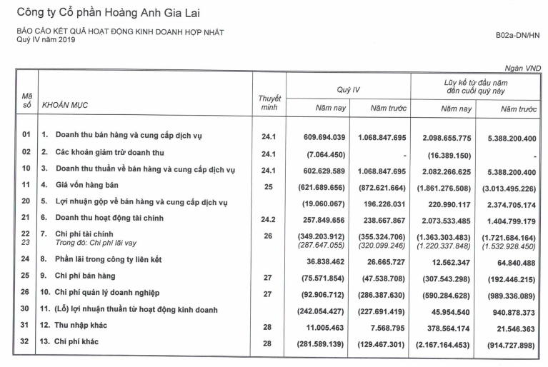 Nguồn doanh thu của HAG giảm chưa bằng một nửa so với năm 2018 (Nguồn: BCTC Hợp nhất Quý 4/2019 của HAG)