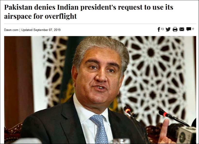 Báo chí Pakistan đưa tin Ngoại trưởng Shah Mehmood Qureshi tuyên bố không cung cấp không phận cho chuyên cơ của Tổng thống Ấn Độ