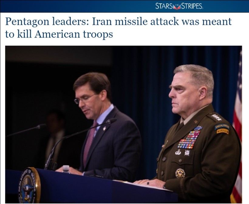 Bộ trưởng Quốc phòng Mỹ Mark Esper và Chủ tịch Hội đồng TMT liên quân Mark Milley cho rằng Iran cố tình gây thương vong cho binh sĩ Mỹ (Ảnh: Stars and Stripes)