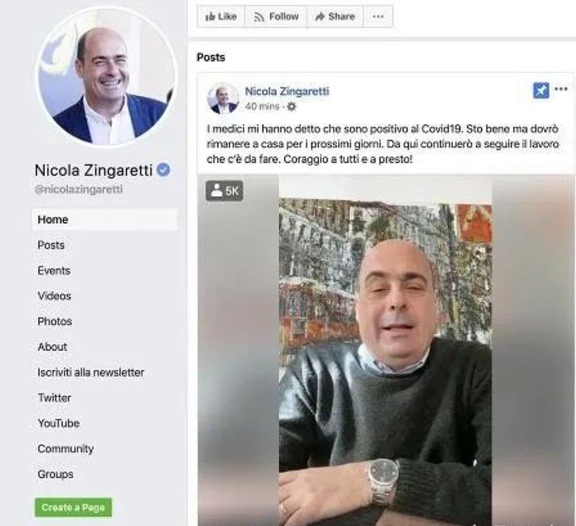 Ông Nicola Zingaretti, chủ tịch của khu vực Lazio và lãnh đạo Đảng Dân chủ cầm quyền thông báo bị nhiễm COVID-19 (Ảnh: Guancha).