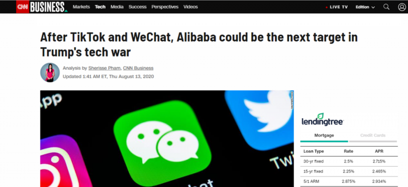 CNN viết về khả năng Alibaba trở thành mục tiêu tiếp theo của ông Trump sau TikTok và WeChat (Ảnh: CNN).