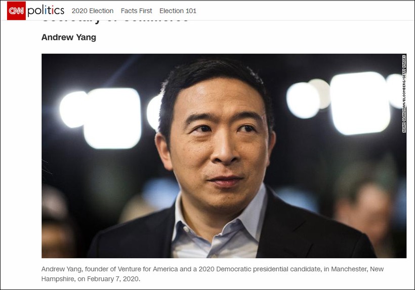Ông Andrew Yang (Dương An Trạch), người Mỹ gốc Đài Loan sẽ được ông Joe Biden giao chức Bộ trưởng Thương mại? (Ảnh: CNN).