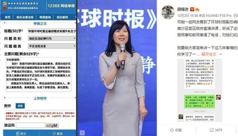 Bà Đoàn Tĩnh Đào, Phó TBT Thời báo Hoàn cầu với bản tố cáo ông Hồ Tích Tiến (trái) và bản thanh minh của ông trên Weibo (phải). (Ảnh: vct.new) Bà Đoàn Tĩnh Đào, Phó TBT Thời báo Hoàn cầu với bản tố cáo ông Hồ Tích Tiến (trái) và bản thanh minh của ông trên Weibo (phải). (Ảnh: vct.new)