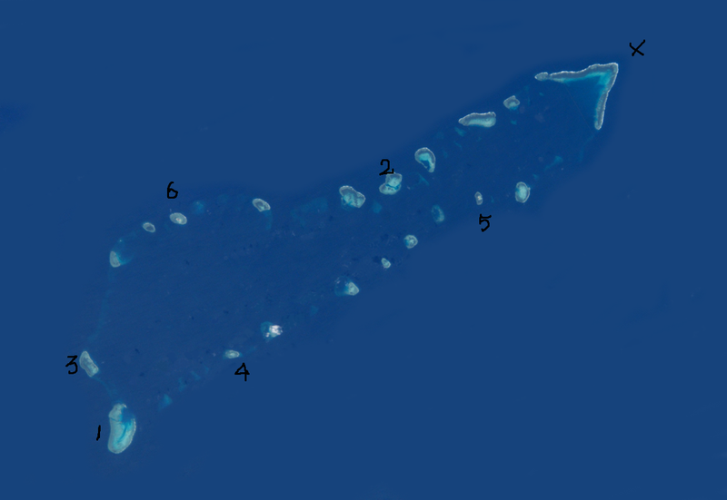 Cụm Sinh Tồn và vị trí các đảo, bãi: Ba Đầu (X), Gạc Ma (1), Cô Lin (3), Len Đao (4), Sinh Tồn Đông (5), Tư Nghĩa (2), Sinh Tồn (6). (Ảnh: Wiki).
