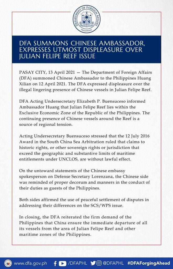 Thông báo của Bộ Ngoại giao Philippines về vụ triệu tập Đại sứ Trung Quốc Hoàng Khê Liên tới phản kháng (Ảnh: BNGPLP).