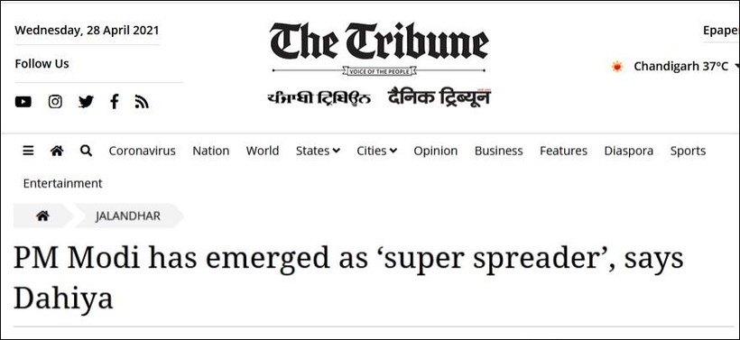 Ông Navjot Dahiya chỉ trích Thủ tướng Modi trên tờ The Tribune.