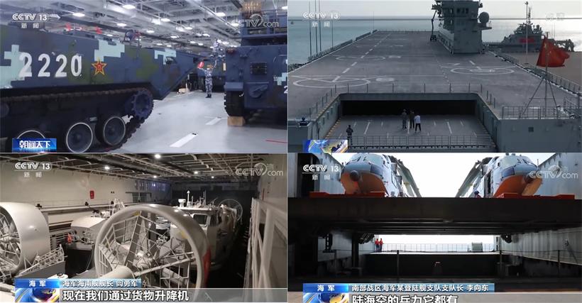 Ảnh chụp bên trong tàu Type 075 Hải Nam: xe bọc thép, tàu đổ bộ đệm khí, trực thăng đang được nâng lên boong và mặt boong tàu (Ảnh: CCTV).