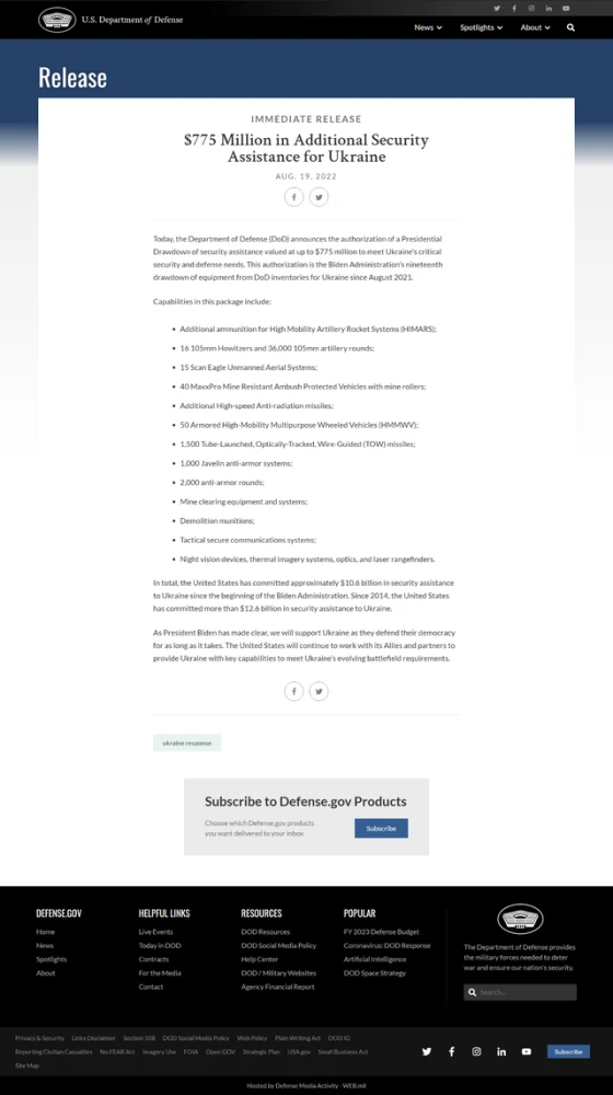 Danh mục các loại vũ khí viện trợ cho Ukraine lần này được đăng trên trang web BQP Mỹ.