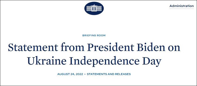 Trang web Nhà Trắng đăng tuyên bố của ông Biden nhân Ngày Độc lập của Ukraine.