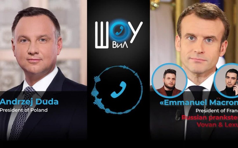 Tổng thống Ba Lan Duda (trái) đã bị hai blogger Nga giả mạo Tổng thống Pháp E. Macron chơi khăm (Ảnh: NFP). Tổng thống Ba Lan Duda (trái) đã bị hai blogger Nga giả mạo Tổng thống Pháp E. Macron chơi khăm (Ảnh: NFP).