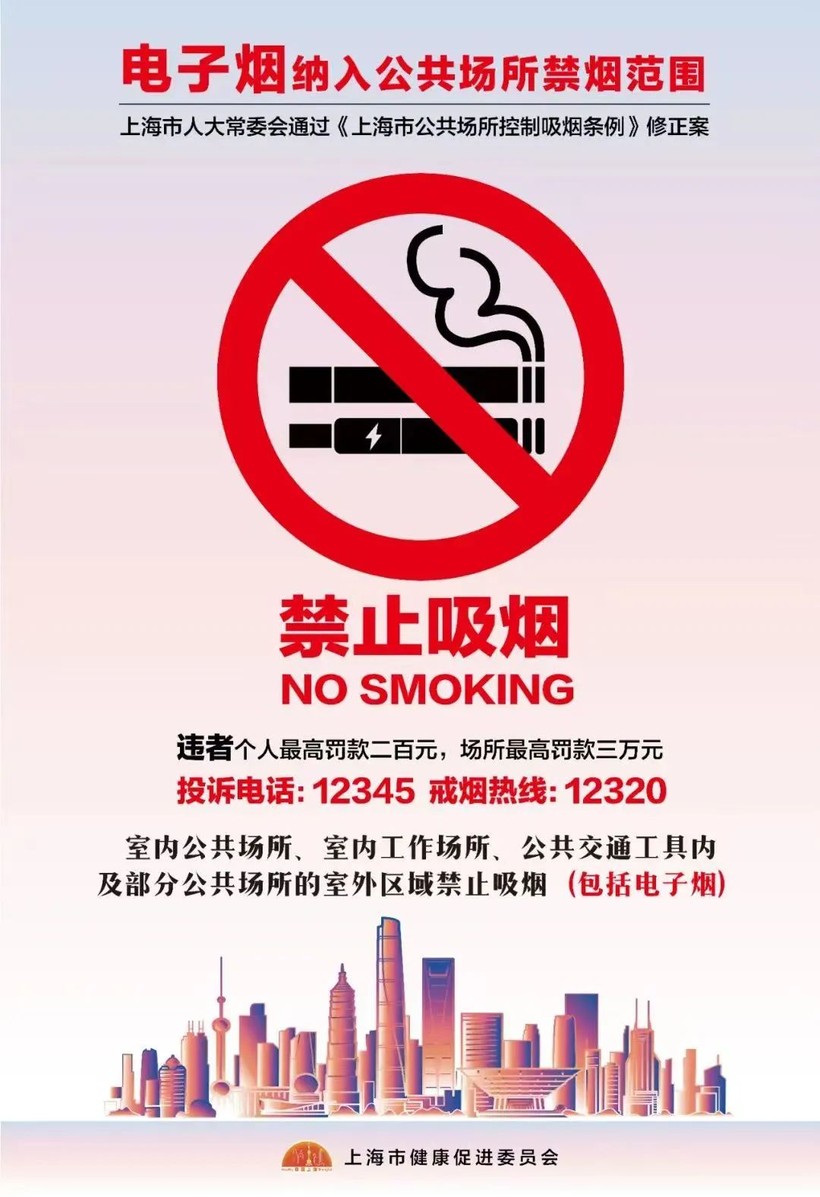 Thành phố Thượng Hải quy định rõ việc cấm và xử phạt hút thuốc lá điện tử ở nơi công cộng (Ảnh: Thepaper). Bien cam o Thuong Hai.jpg