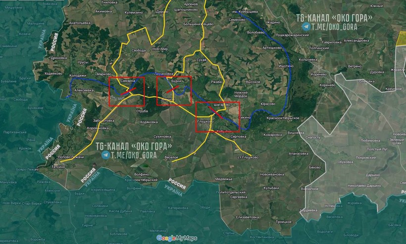 Vị trí ba cây cầu trên sông Seym bị Ukraine tấn công phá hủy. Ba cay cau bi pha khien 3000 quan Nga bi co lap.jpg