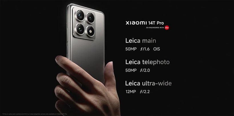 Khả năng chụp ảnh ấn tượng trên Xiaomi 14T còn đến từ ba camera thế hệ mới Summilux của Leica với camera chính 50MP có khẩu độ cực lớn f/1.6, cả hai mẫu Xiaomi 14T và 14T Pro đều được trang bị camera tele 50 MP và camera góc siêu rộng 12 MP, ở mặt trước cả hai máy đều có camera selfie 32 MP. Camera 14T.jpg